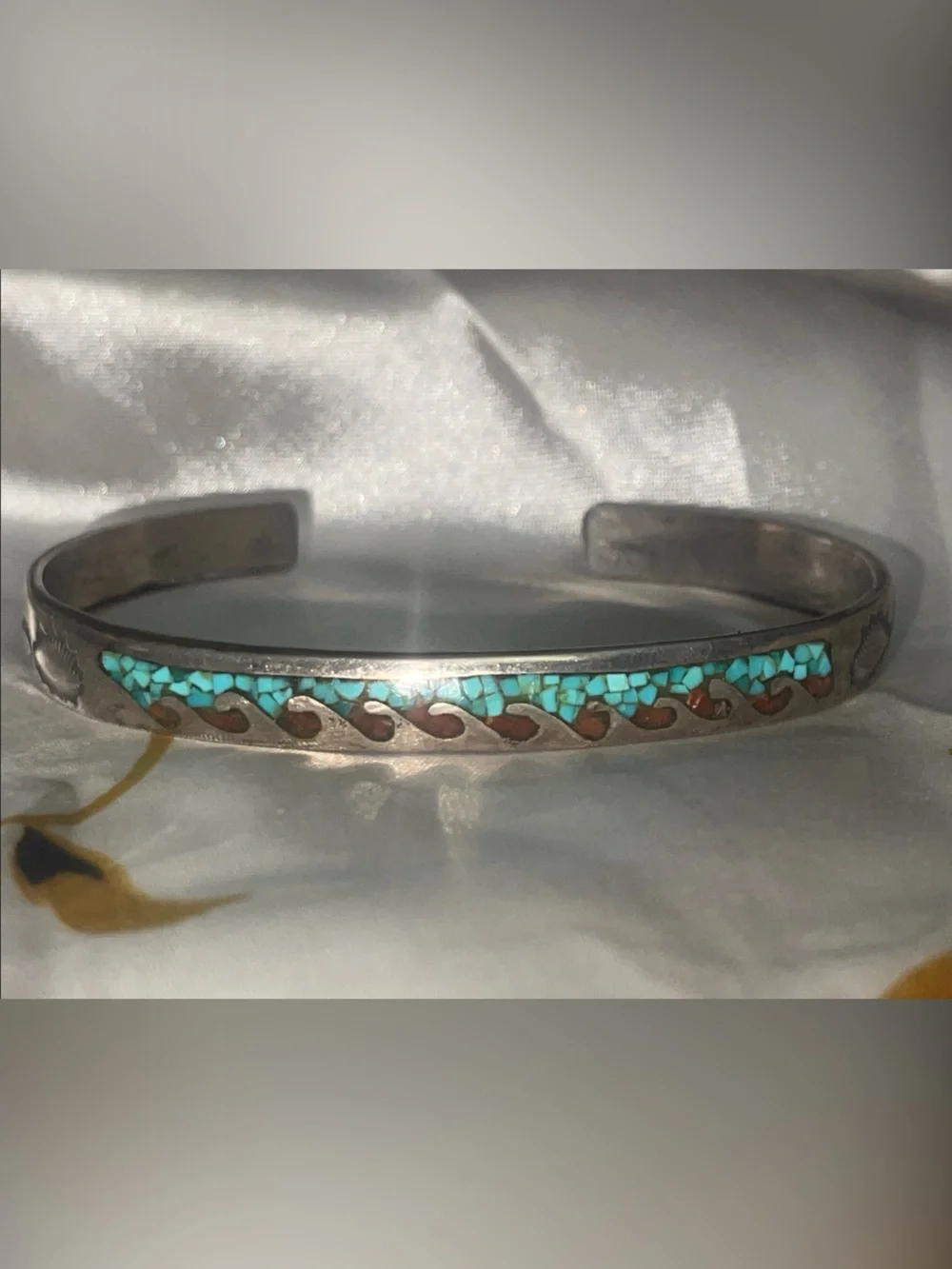 Turquoise & Coral Inlay Sterling Silver signed Cuff Bracelet - Blue